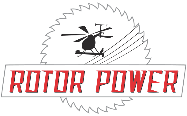 Rotor Power LLC logo featuring an aerial lineman working from a helicopter platform on a power line.